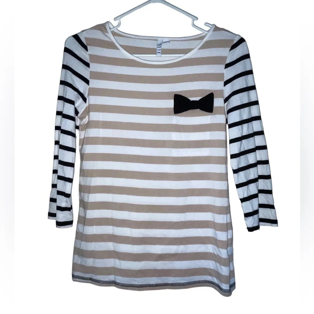ELLE Striped 3/4 Sleeve Bow Pocket Top Tan Black White Women’s Size XS